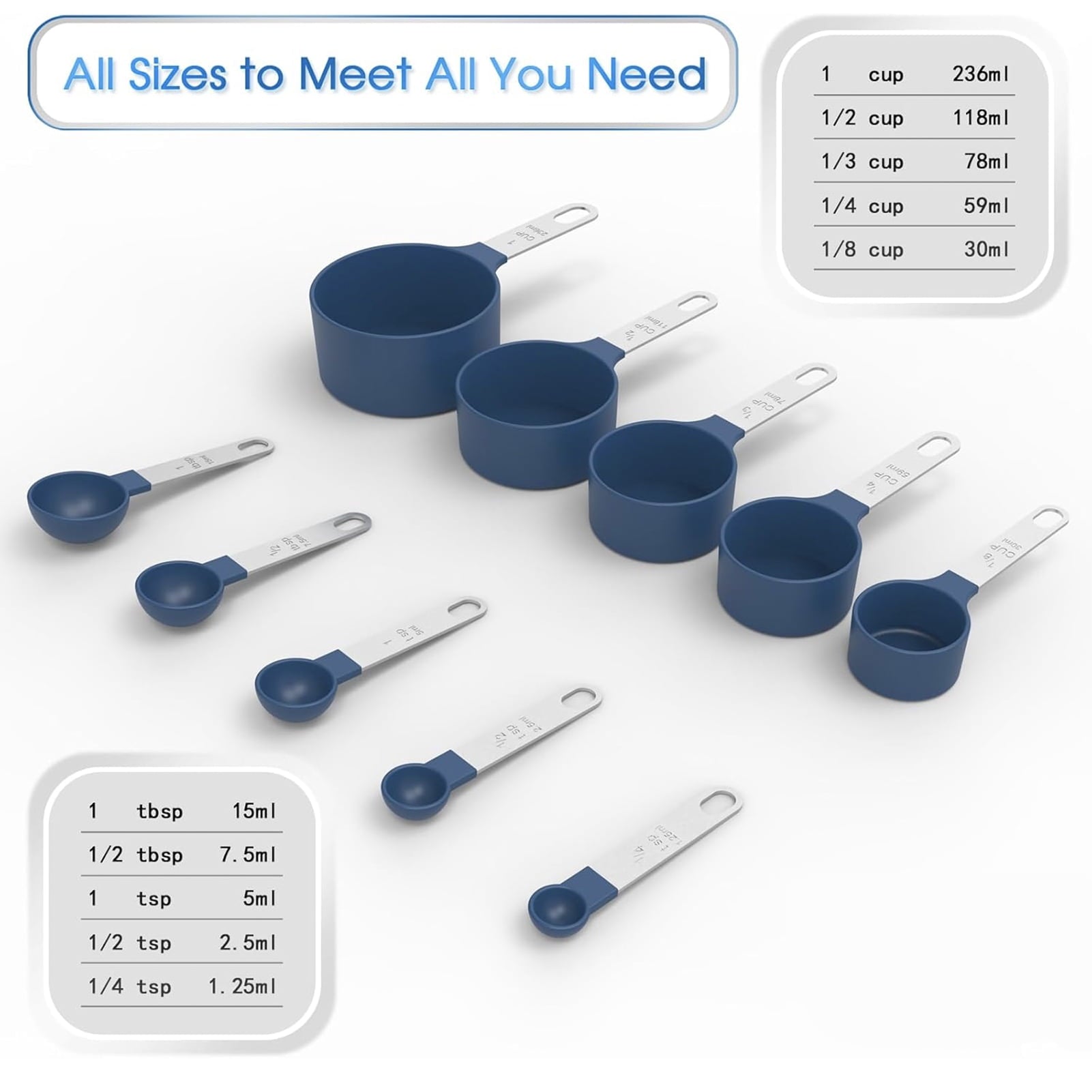 Cups & Spoons Set - Nesting Design with Stainless Steel Handles, Space-Saving Kitchen Gadgets for Baking & Cooking（Blue） - Image 2