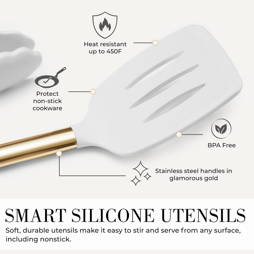 White and Gold Kitchen Utensils Set - 15-Piece Non-Scratch, White and Gold Utensils Set Includes White Silicone Cooki... - Image 4