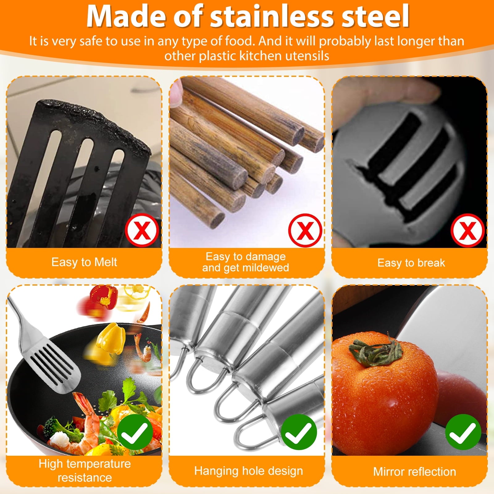 10Pcs Kitchen Cooking Utensils Set Metal Stainless Steel Spoons and Spatula with Ergonomic Handle Utensil for Cooking... - Image 4