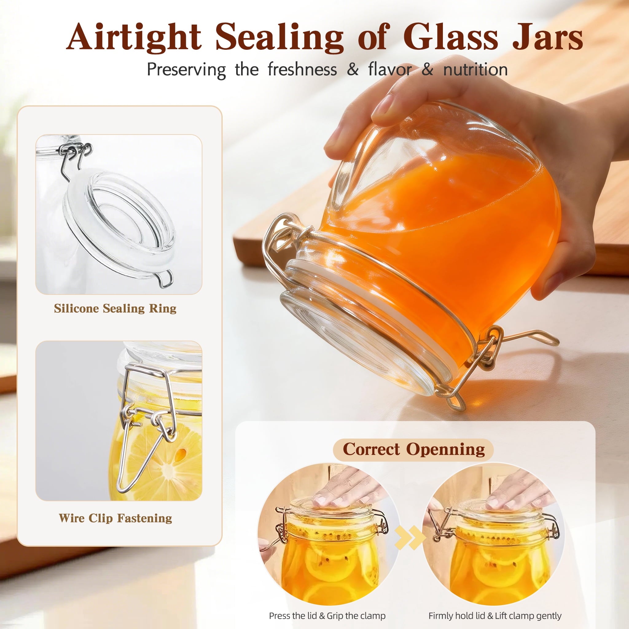 9 Pcs Airtight Glass Jars Set Includes 3 Accessories, 17oz Food Storage Jar with Airtight Clamp Lids, Small Clear Mas... - Image 2