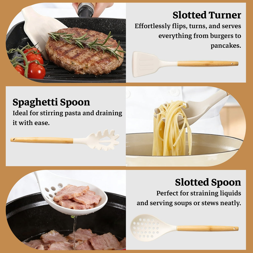 14-Piece Silicone Cooking Utensils Set, Non-Stick Kitchen Utensil Set for Baking, Flipping, Mixing, White - Image 3
