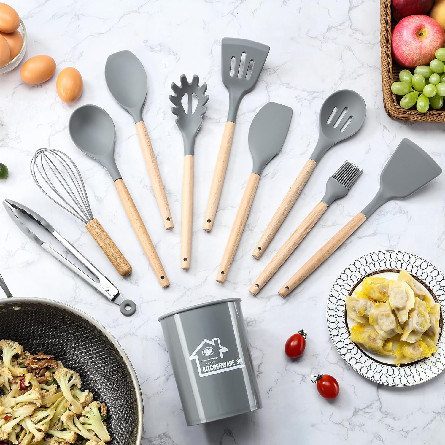 Set, Non-Stick Silicone Cooking Kitchen Spatula Set with Holder, Wooden Handle Silicone Kitchen Gadgets Utensil Set - Image 3