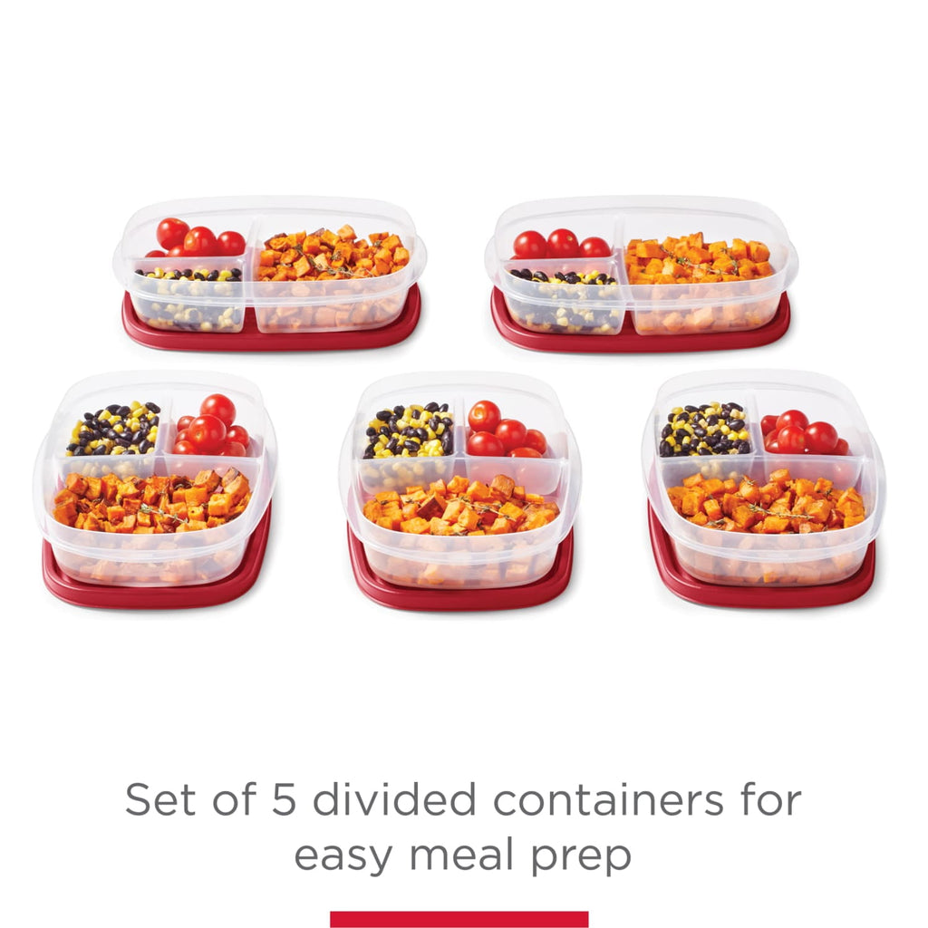Lids 5 Pack Meal Prep Containers with 3 Compartments, Red, 5.1 Cups - Image 2