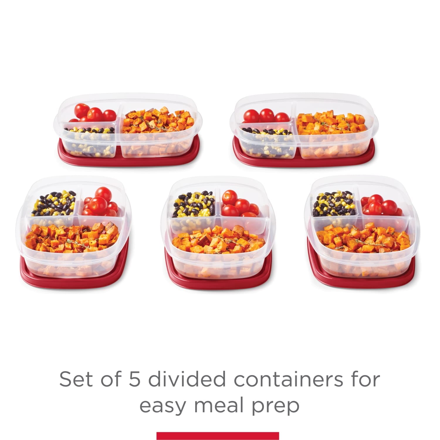 Lids 5 Pack Meal Prep Containers with 3 Compartments, Red, 5.1 Cups - Image 2