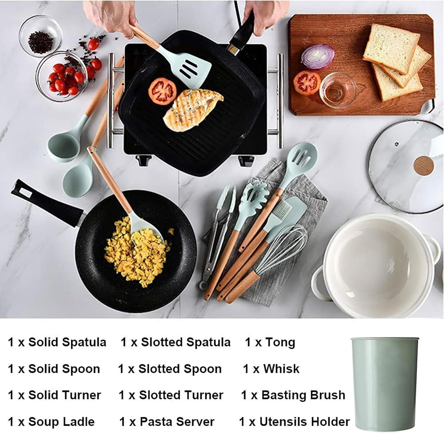 Silicone Cooking Utensils Kitchen Utensil Set, 12 PCS Wooden Handle Free Silicone Spoon Spatula Turner Tongs Whisk,Gr... - Image 2