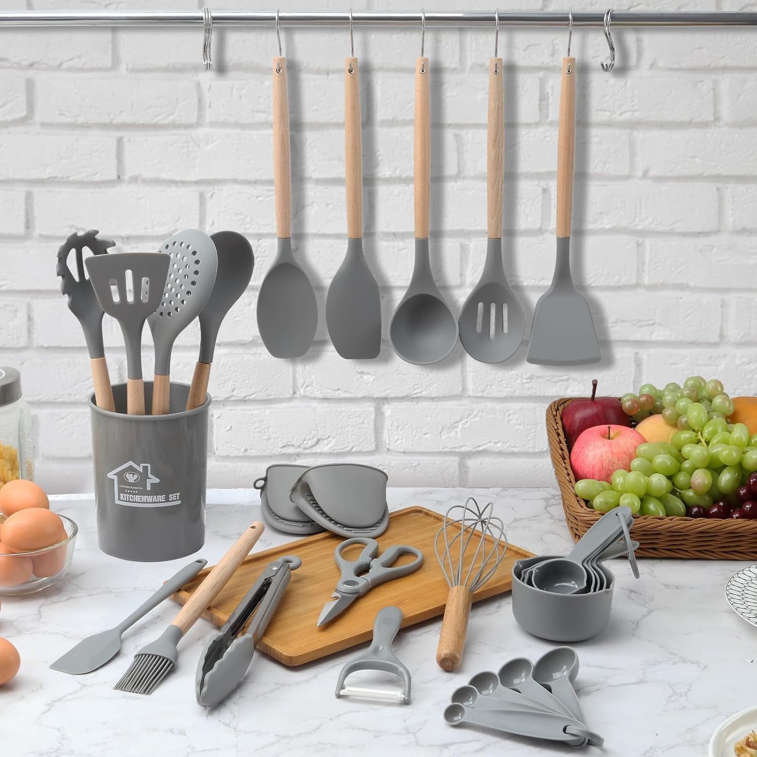 Set, Non-Stick Silicone Cooking Kitchen Spatula Set with Holder, Wooden Handle Silicone Kitchen Gadgets Utensil Set - Image 5