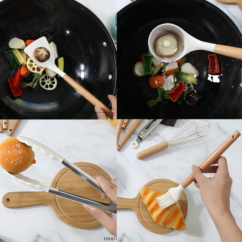 12 Of Silicone Cooking Kitchen Utensils Set, With Stand, Wooden Handle Cooking Tools, Free, Non-Toxic Turner Pliers S... - Image 5