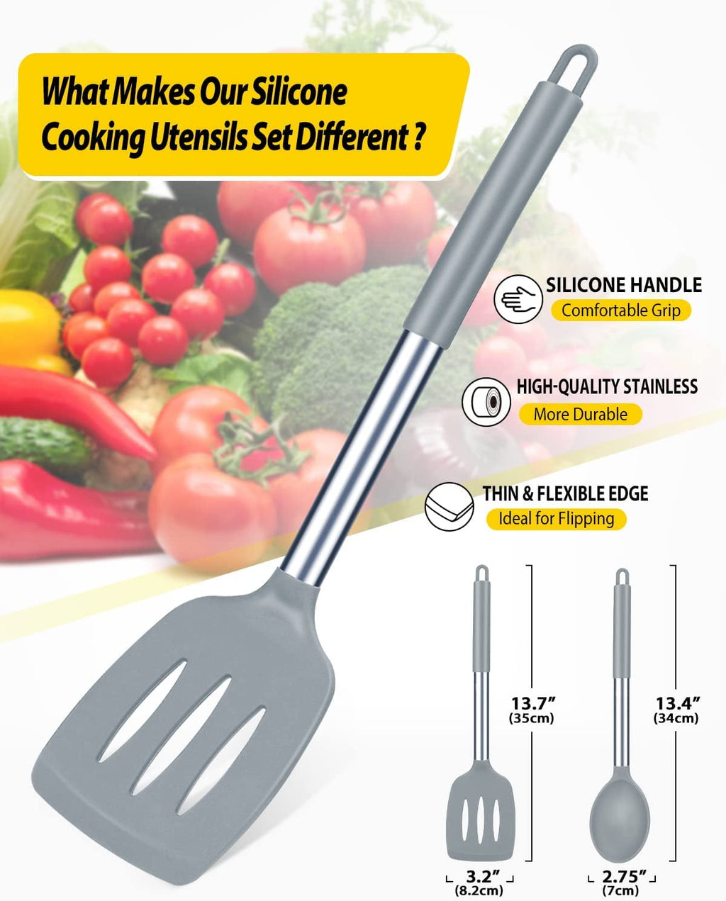 4 Pack Silicone Home Kitchen Cooking Utensils Set,Solid Slotted Spatulas Spoons Set, Gray - Image 2