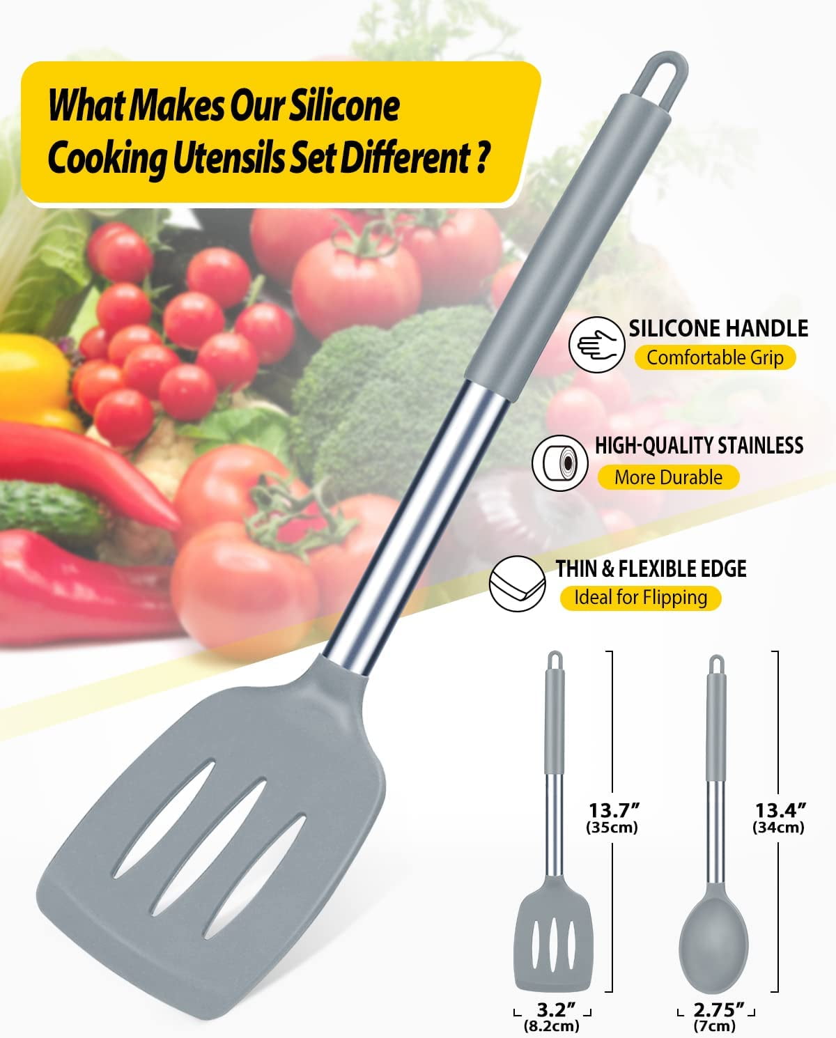 4 Pack Silicone Home Kitchen Cooking Utensils Set,Solid Slotted Spatulas Spoons Set, Gray - Image 2