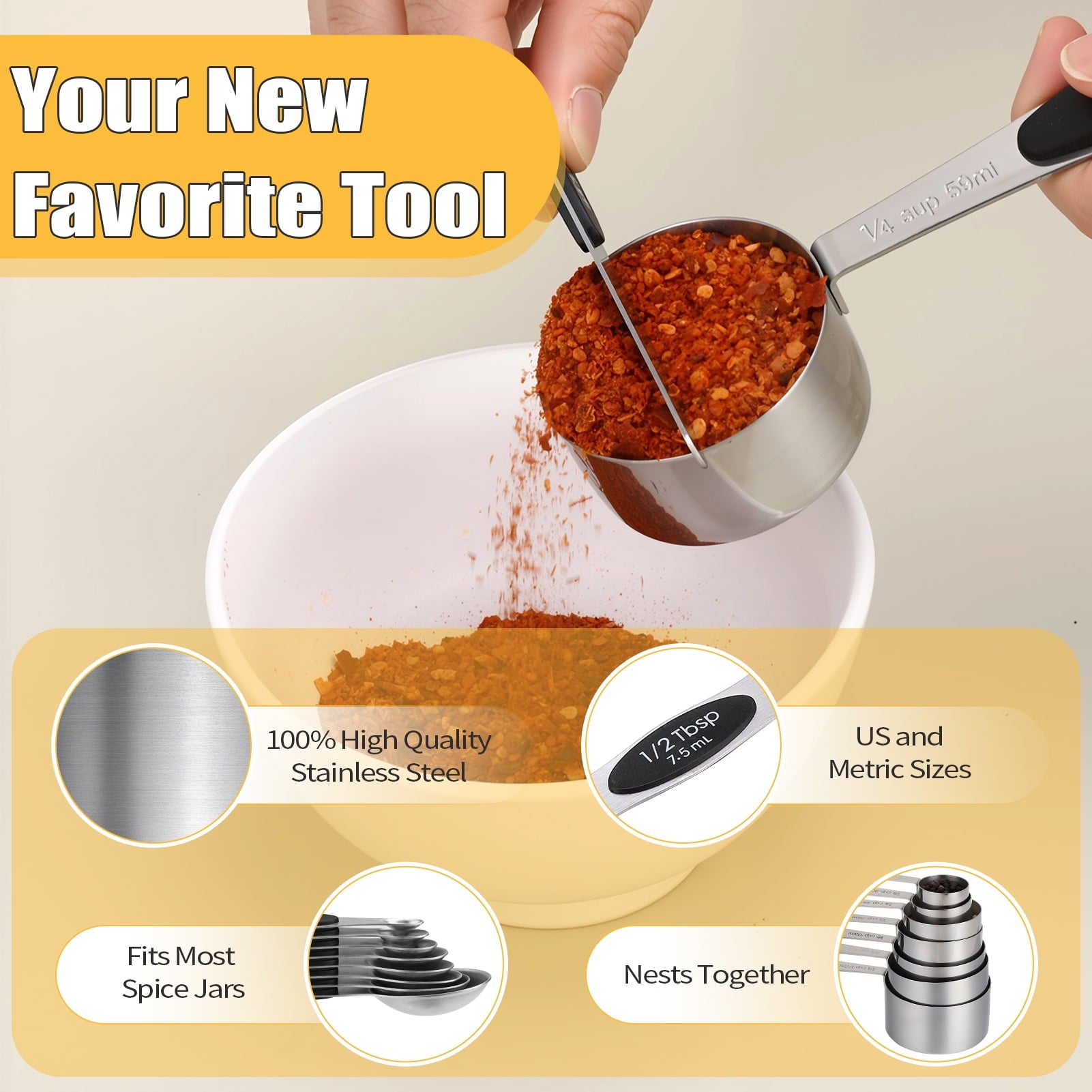 17 Measuring Cups and Magnetic Measuring Spoons Set Stainless Steel, 8 Measure Cups with Silicone Handle and 8 Double... - Image 4