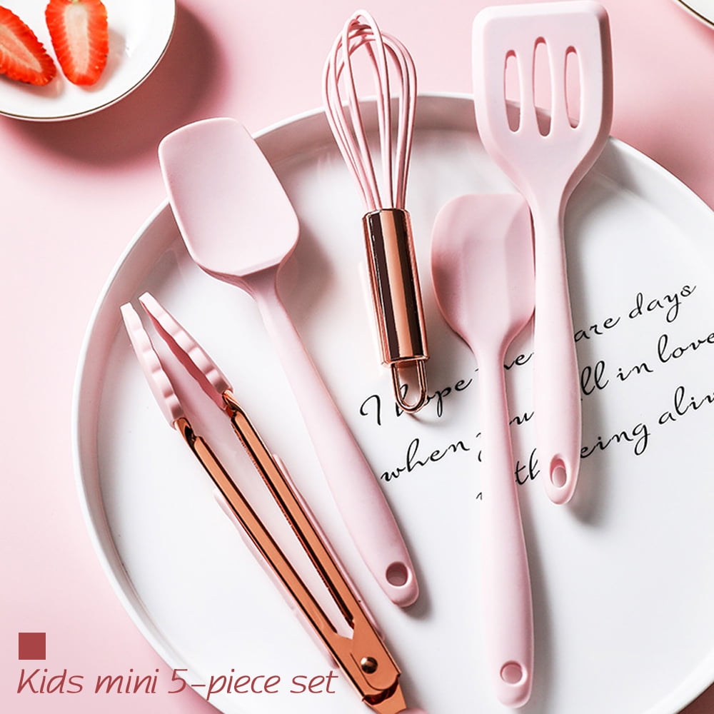 And Pink Kitchen Utensil Small Five-Piece Set Mini Silicone Kids Kitchen Tools Whisk Spatula Tongs Spoon And Slotted ... - Image 2