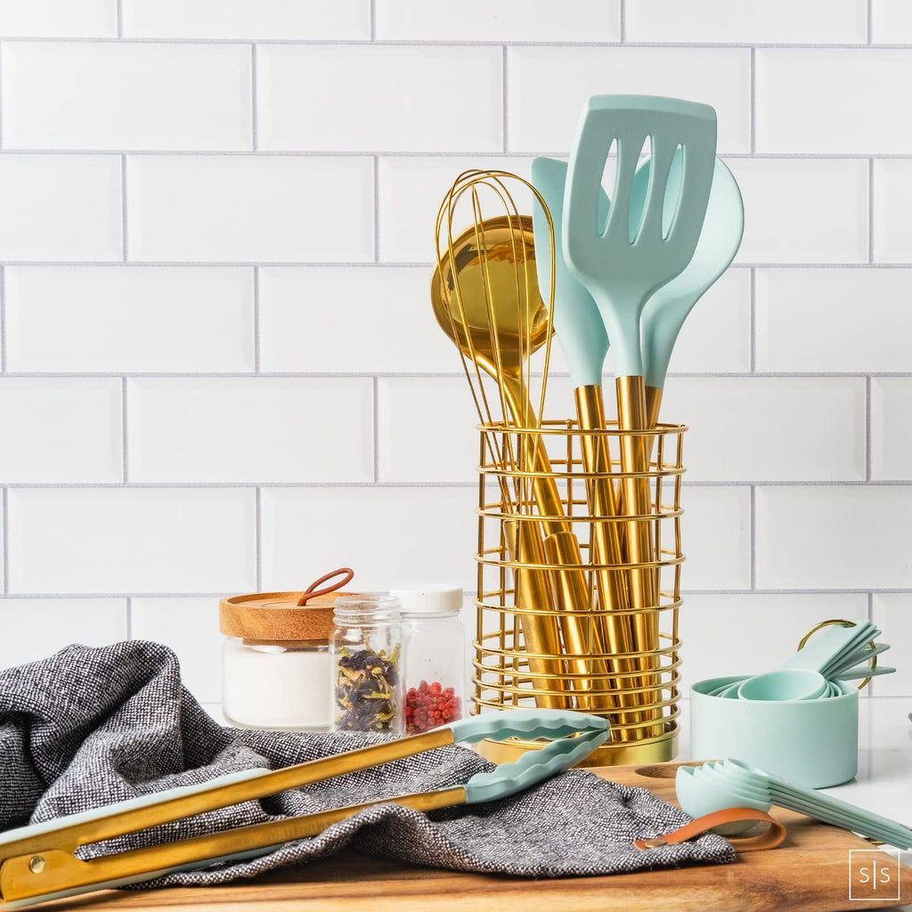 Styled Settings Teal & Gold Silicone Cooking Utensils Set with Holder - Image 5