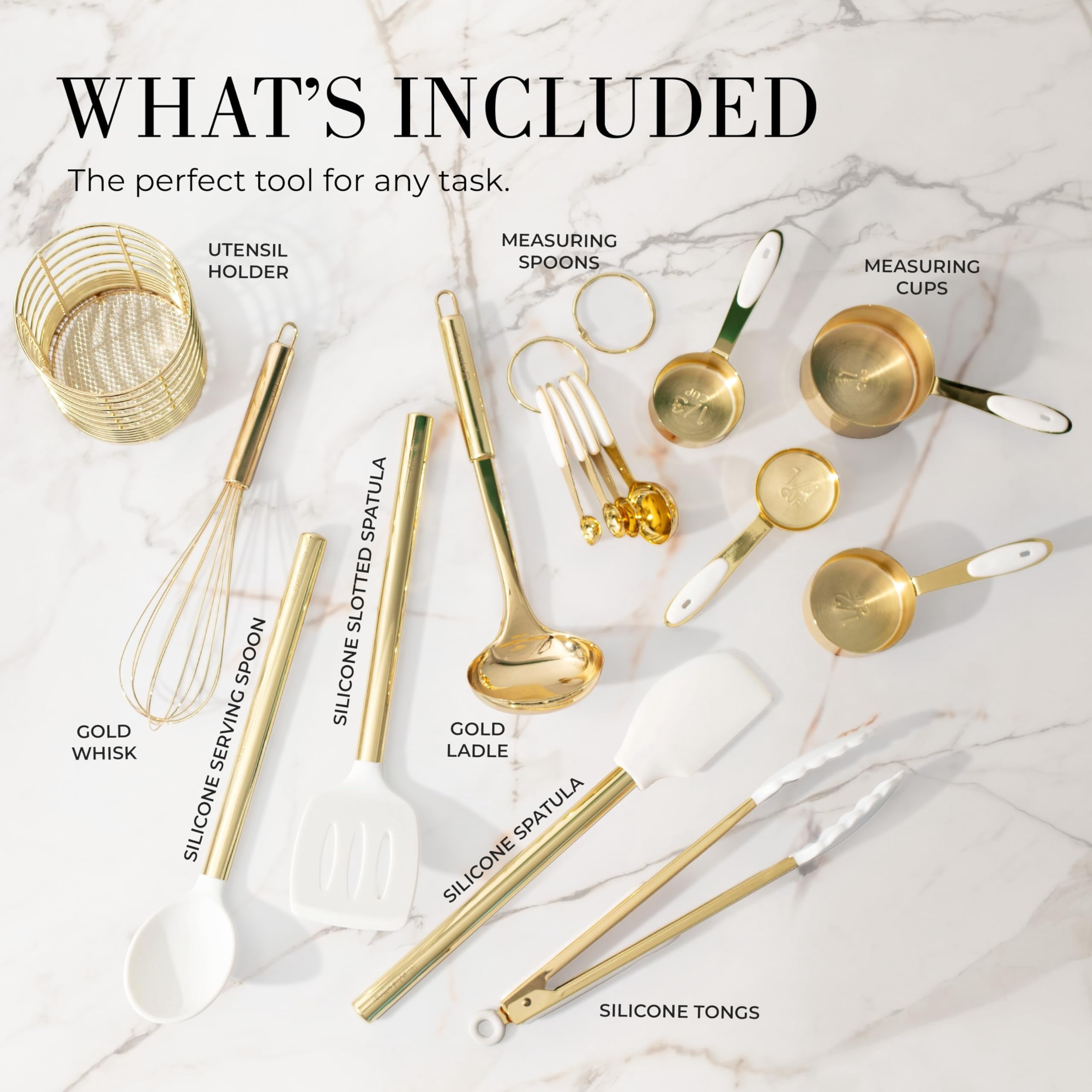 White and Gold Kitchen Utensils Set - 15-Piece Non-Scratch, White and Gold Utensils Set Includes White Silicone Cooki... - Image 2