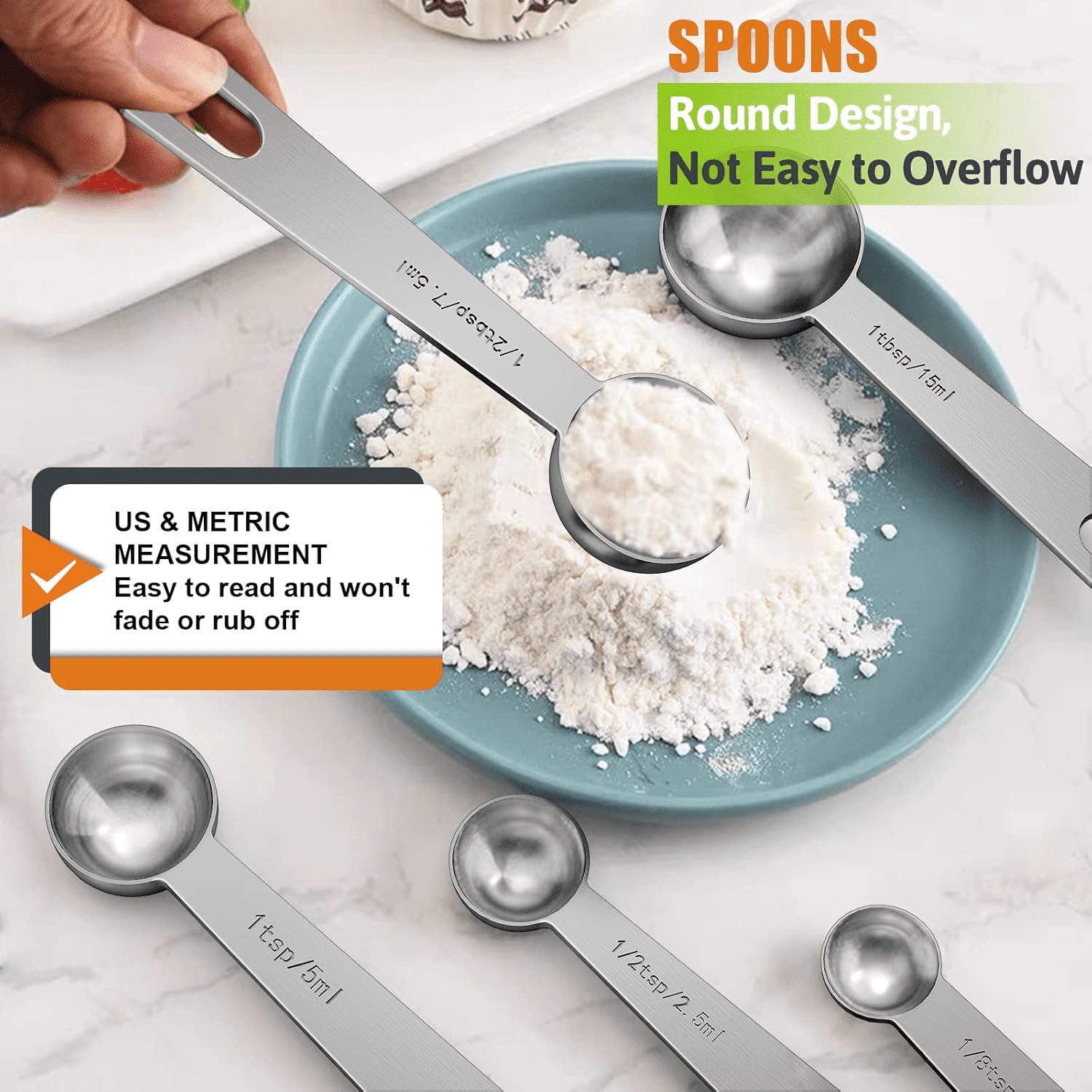 and Spoons Set of 16, 5 Stainless Steel Nesting & 5 Spoons, 1 + Leveler & 5 Mini Spoons for Cooking & Baking - Image 3