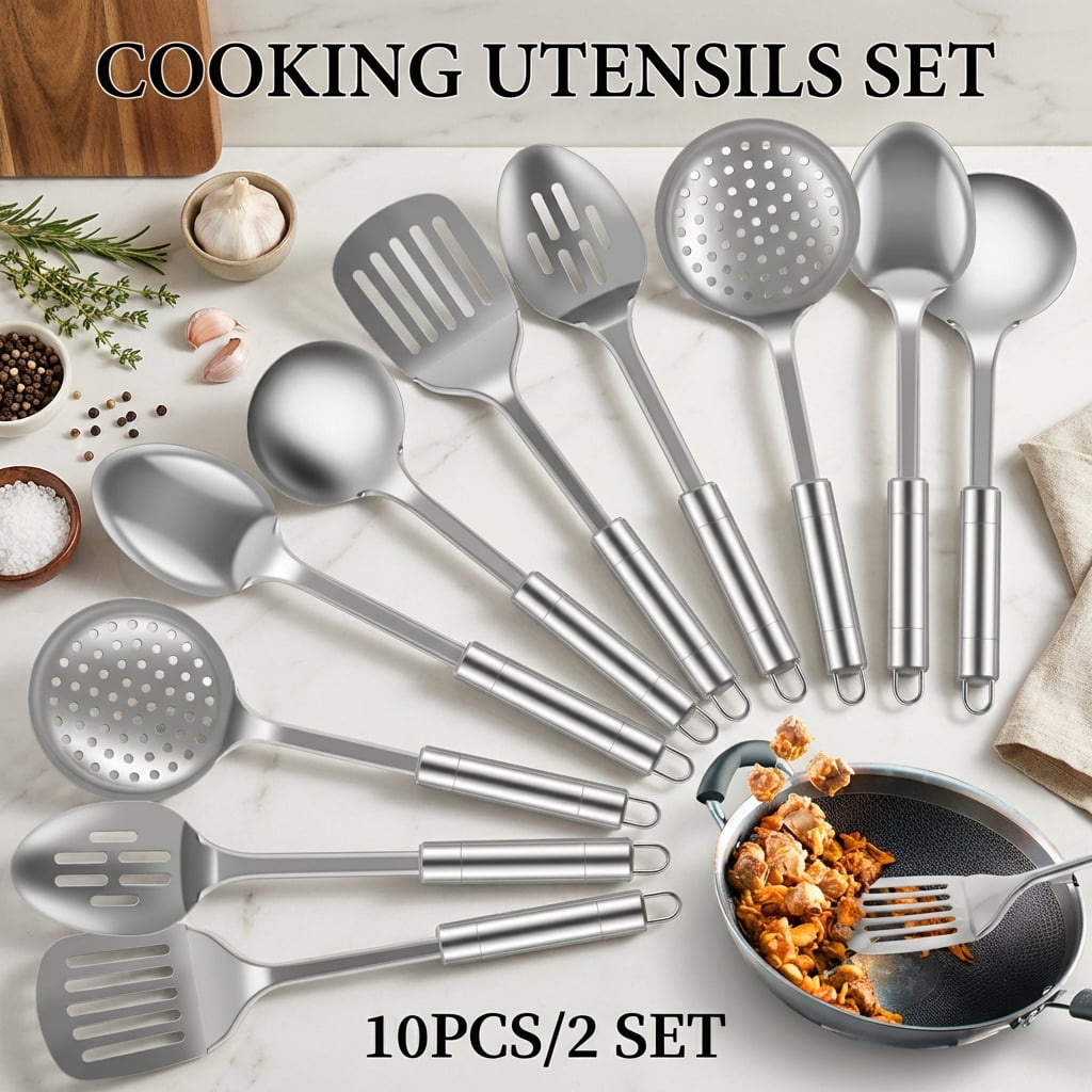 10Pcs Kitchen Cooking Utensils Set Metal Stainless Steel Spoons and Spatula with Ergonomic Handle Utensil for Cooking...