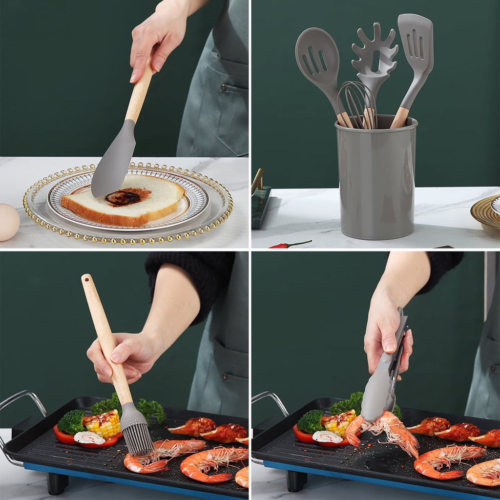 ReaNea Silicone Kitchen Utensils Set 38 Pieces, Non-Stick Cooking Utensils Set with Muti-Use Hooks and Utensil Racks(Gray) - Image 6