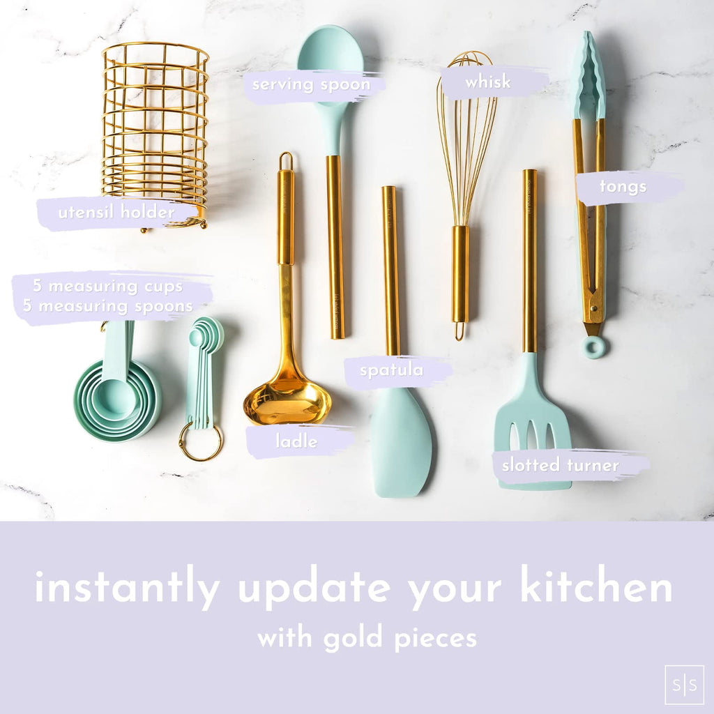 Styled Settings Teal & Gold Silicone Cooking Utensils Set with Holder - Image 2