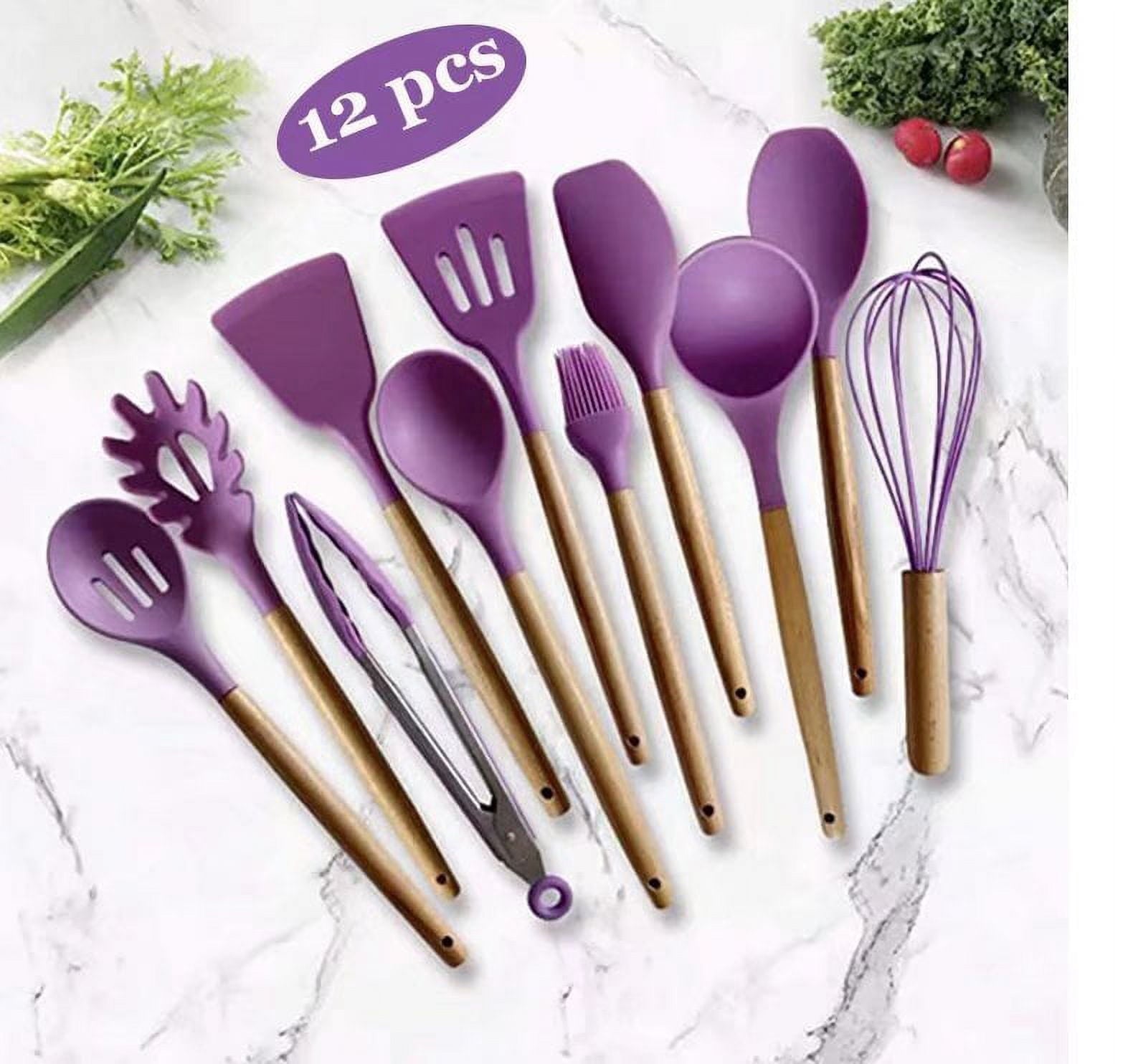 12 Pcs Silicone Cooking Utensil Set Wooden Handle Cooking Tools BPA Free Kitchen Gadgets with Holder(purple)