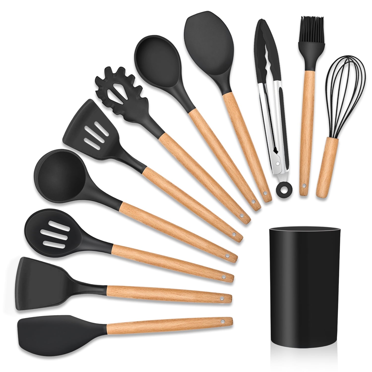 12-Piece Silicone Kitchen Cooking Utensils Set with Holder, Wooden Handle Utensils for Cooking, Kitchen Tools Include Spatula Turner Spoons