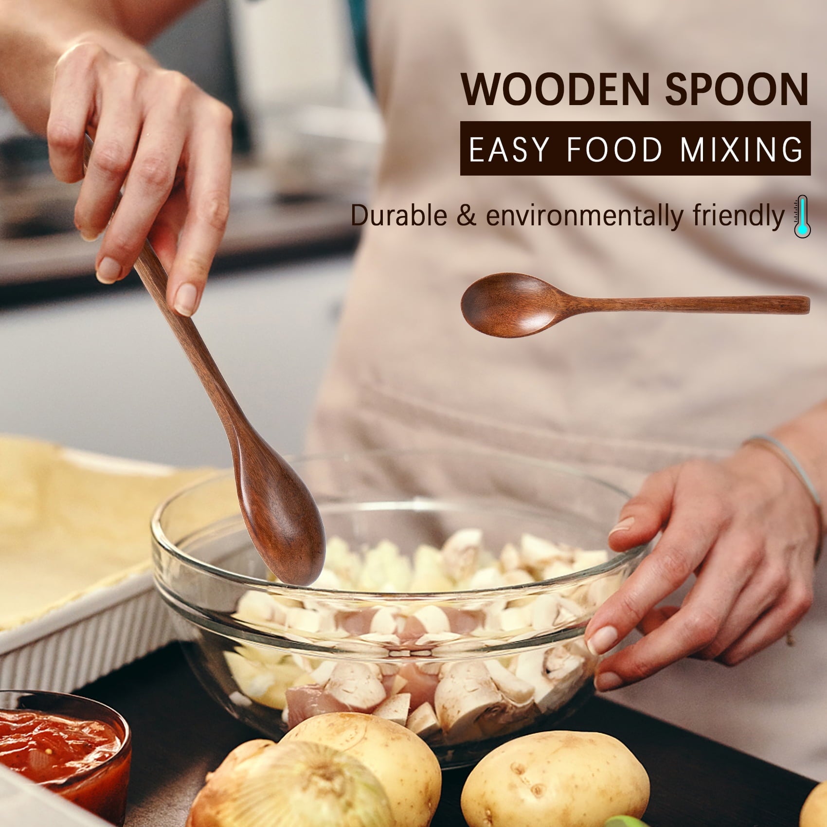 7 PCS Wooden Spoons for Cooking, 9.3 Inch Wooden Spoons for Eating Mixing Stirring Tasting Baking, Long Handle Spoons... - Image 4