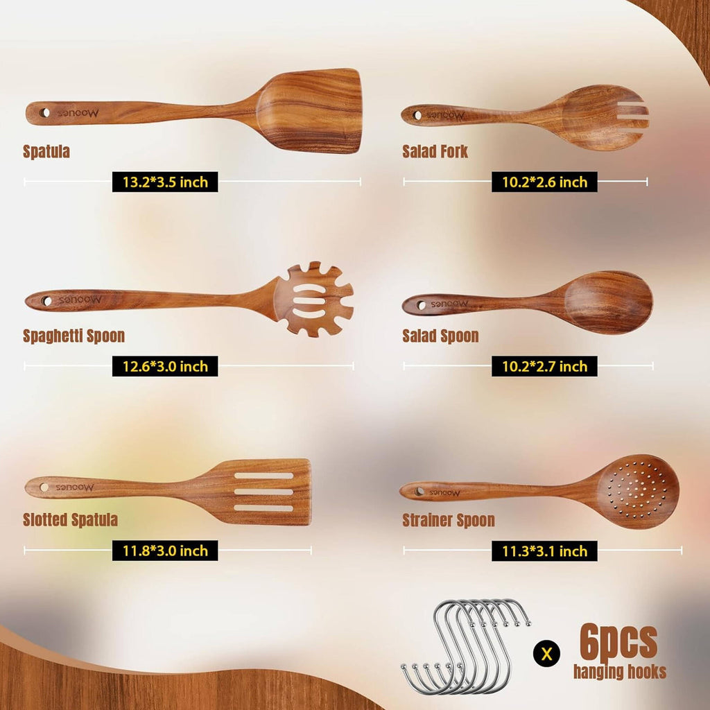 6-Piece Teak Wooden Spoons for Cooking With 10 Hooks，Handcrafted Kitchen Utensils Set ，Ideal Gift Set - Image 2