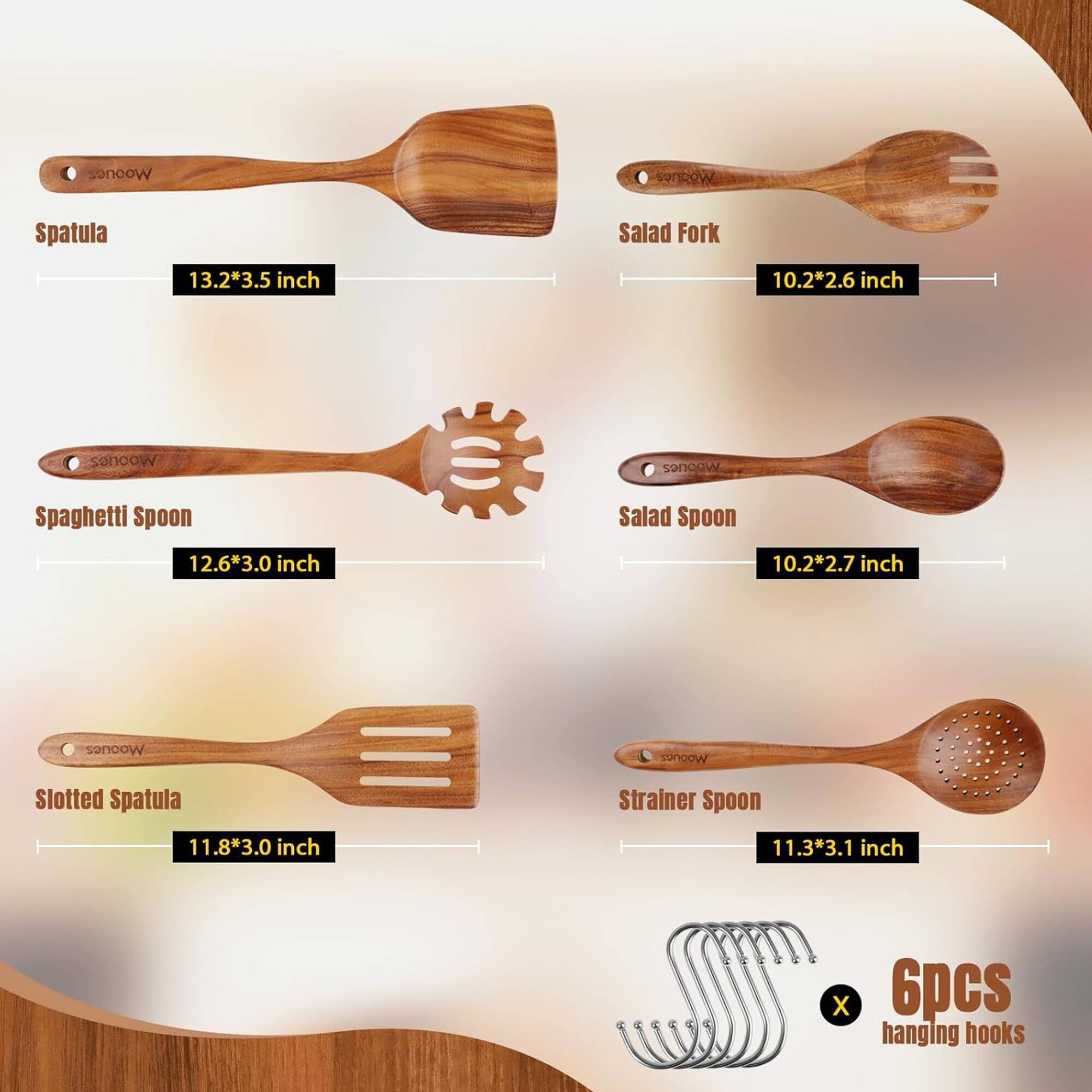 6-Piece Teak Wooden Spoons for Cooking With 10 Hooks，Handcrafted Kitchen Utensils Set ，Ideal Gift Set - Image 2