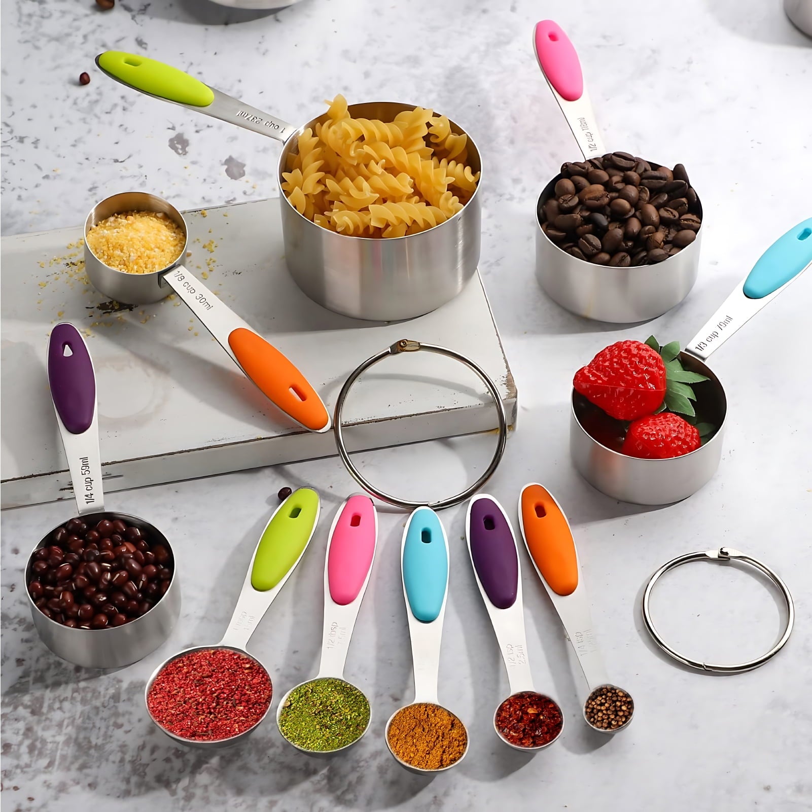 Measuring Cups and Spoons Set of 15, Kitchen Measuring Tool with Colored Silicone Handle, Including 5 Nesting Measuring Cups, 5 Spoons, 5 Mi - Image 5