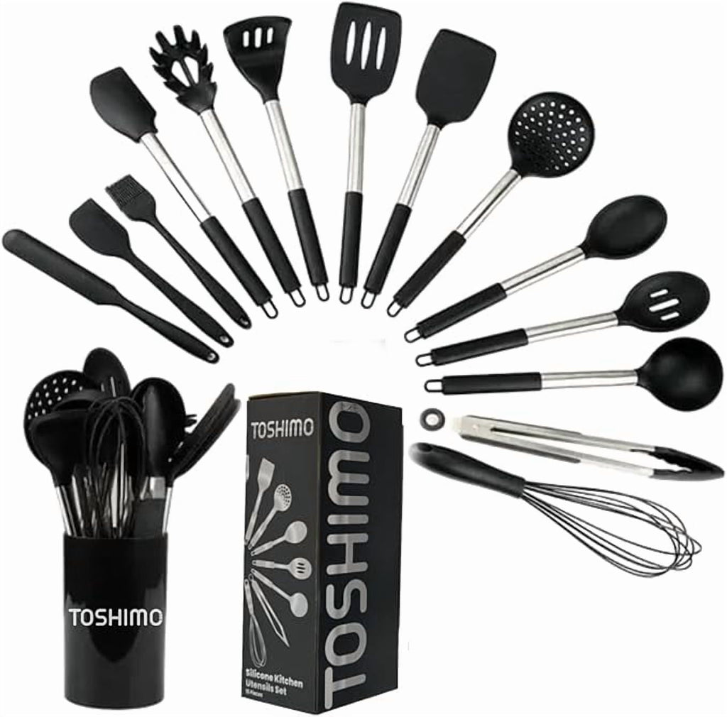 15 Silicone Kitchen Utensil Set with Holder | Non Slip Stainless Steel Cooking Tool |Spatulas, Spoon, Ladle, Pasta Se...