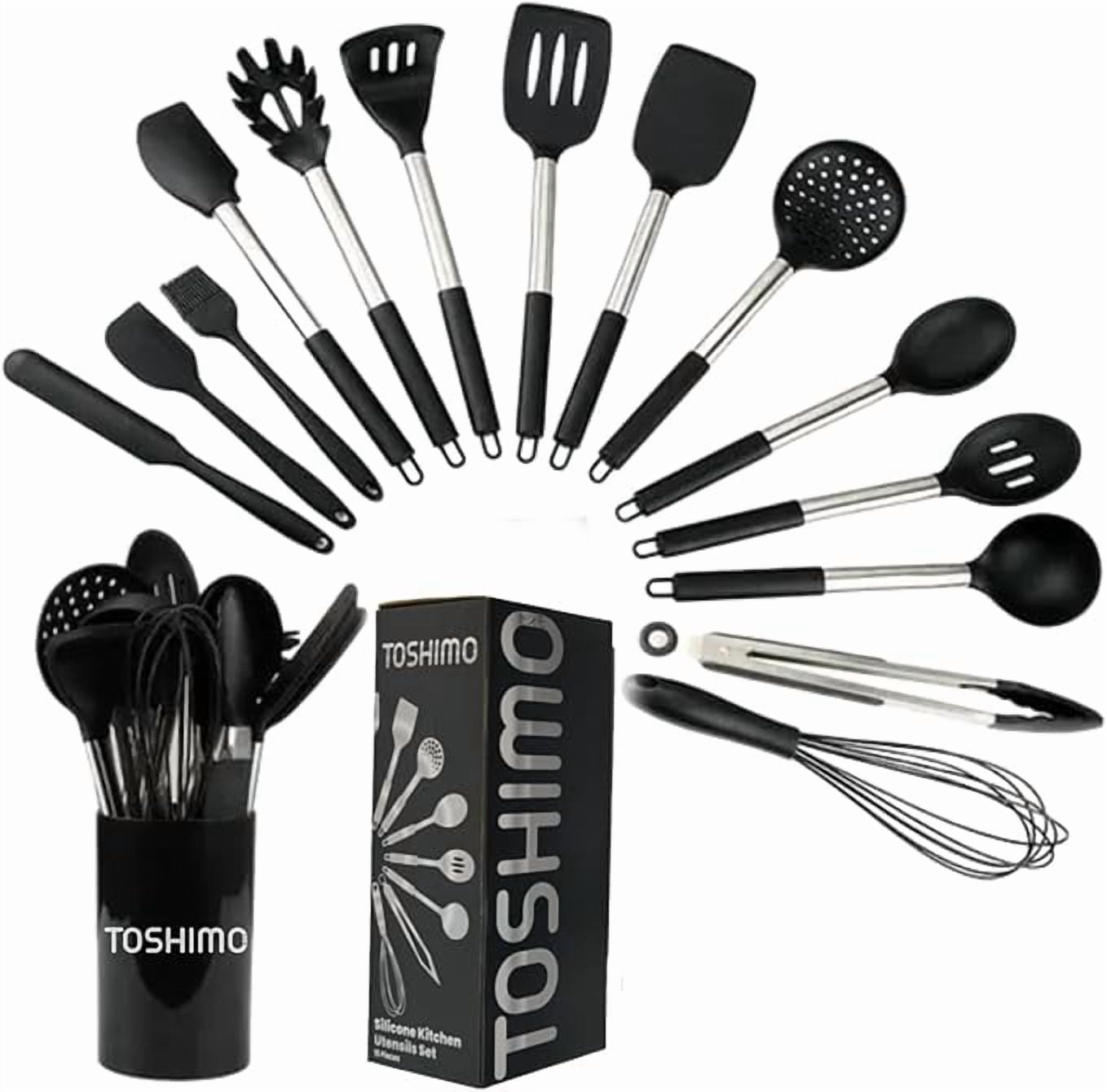 15 Silicone Kitchen Utensil Set with Holder | Non Slip Stainless Steel Cooking Tool |Spatulas, Spoon, Ladle, Pasta Se...
