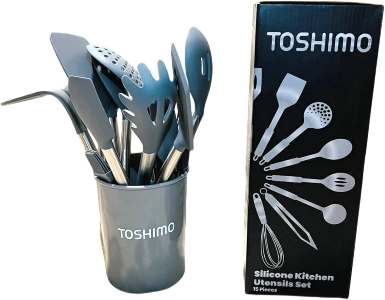 15 Silicone Kitchen Utensil Set with Holder | Non Slip Stainless Steel Cooking Tool |Spatulas, Spoon, Ladle, Pasta Se...