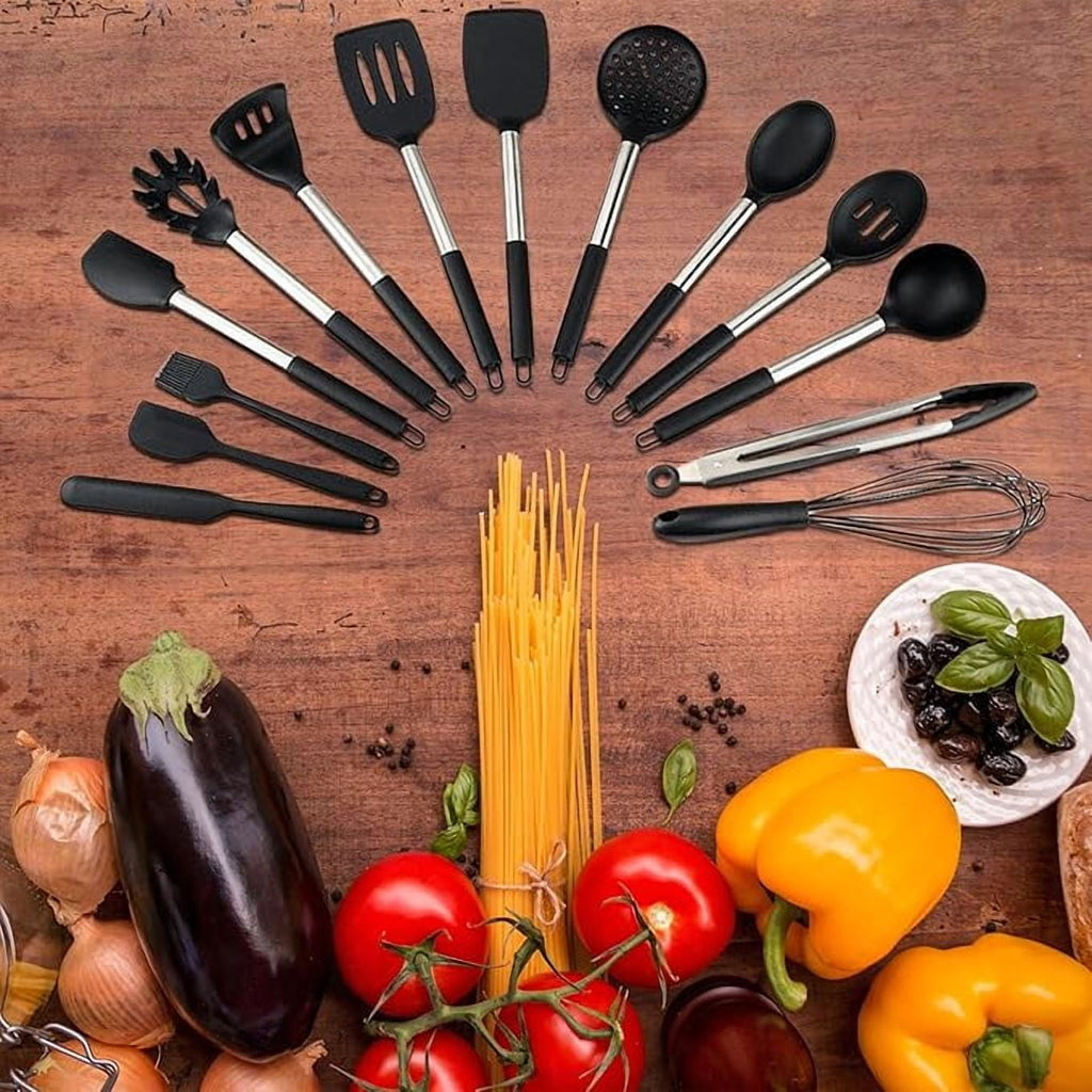 15 Silicone Kitchen Utensil Set with Holder | Non Slip Stainless Steel Cooking Tool |Spatulas, Spoon, Ladle, Pasta Se... - Image 4