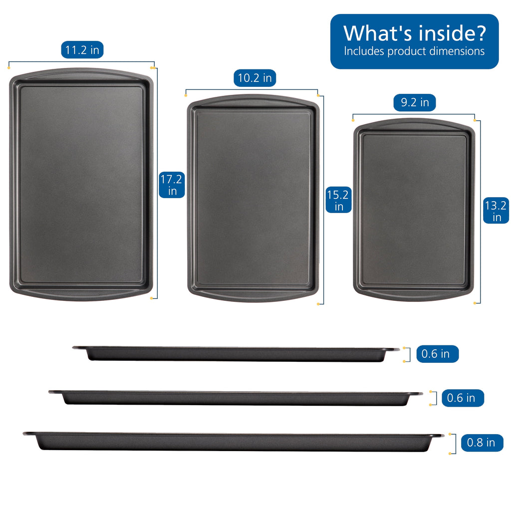 3pc Steel Nonstick Cookie Sheet Bakeware Set, 11" x 17", 10" x 15", 9" x 13", Gray - Image 2