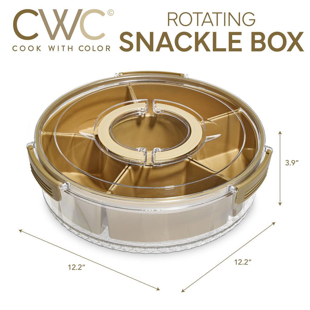 COOK WITH COLOR Round Snackle Box – 6-Compartment Serving Tray with Lid and Handle, Gold – Kids Lunch Box & Meal Prep Snack Container - Image 6