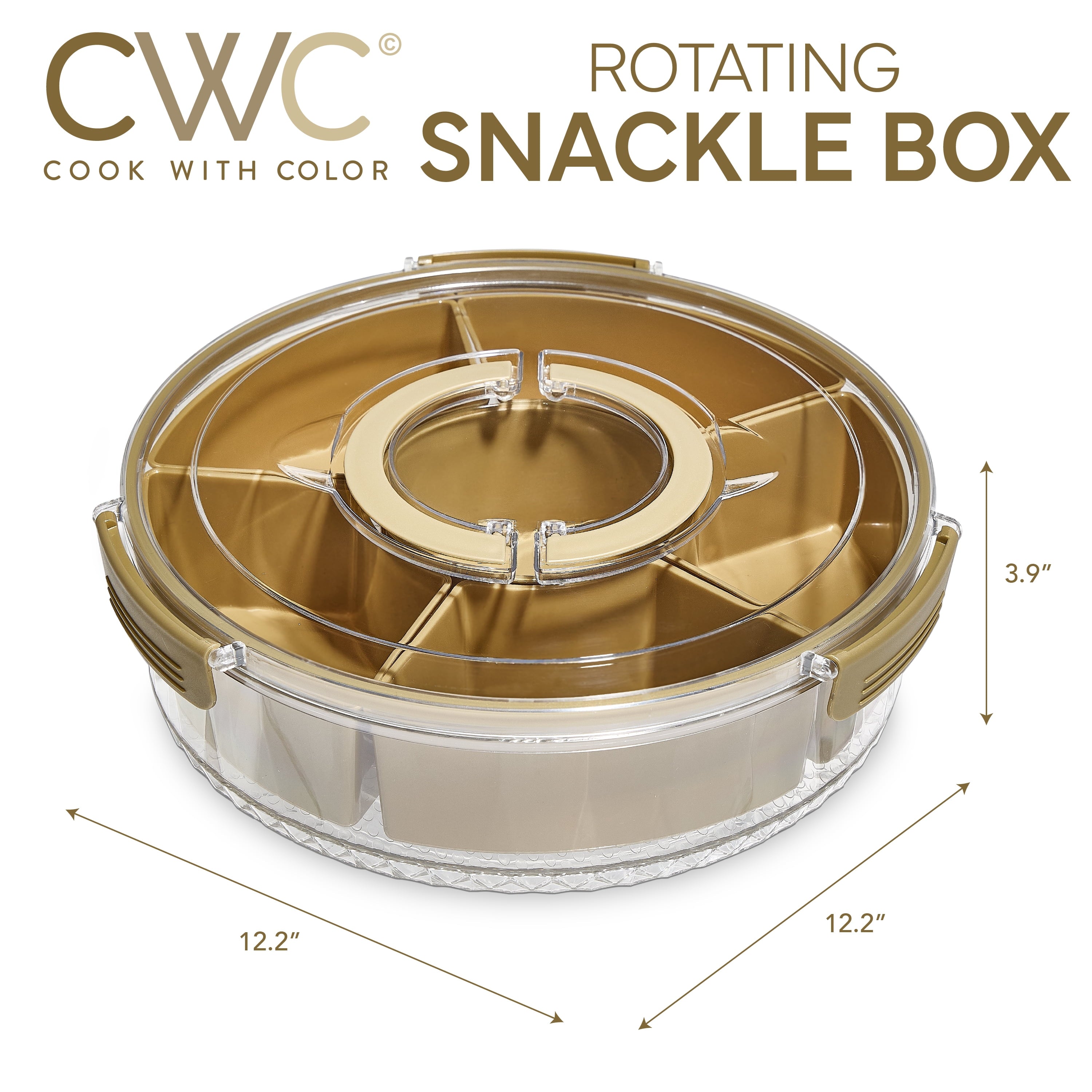 COOK WITH COLOR Round Snackle Box – 6-Compartment Serving Tray with Lid and Handle, Gold – Kids Lunch Box & Meal Prep Snack Container - Image 6