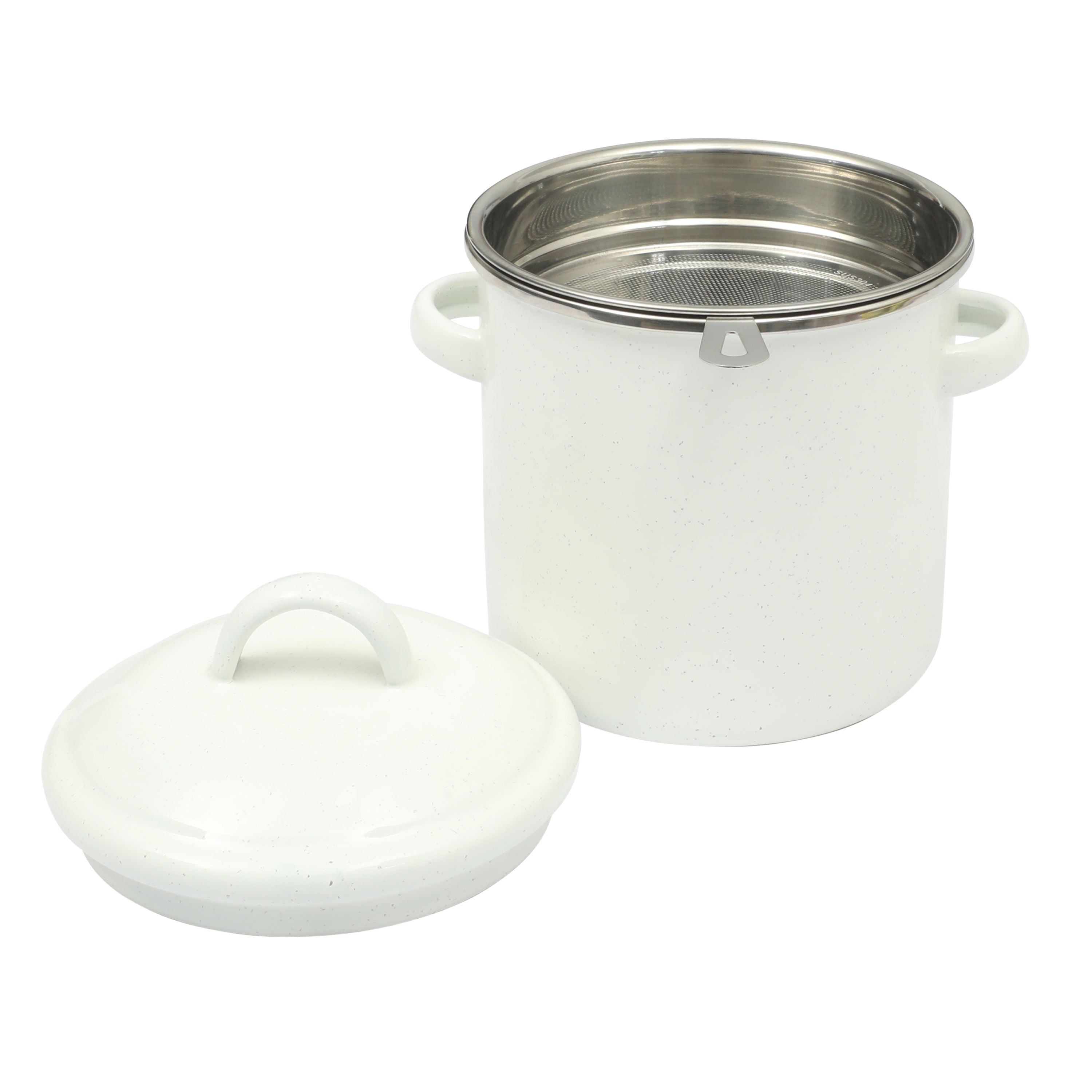 Enamel-on-Steel Grease Strainer with Lid, Linen Speckle - Image 2