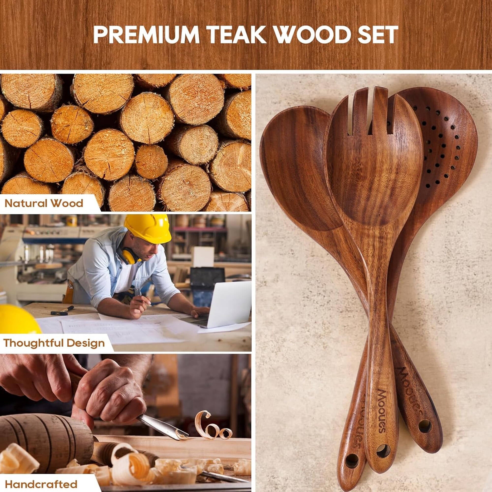 6-Piece Teak Wooden Spoons for Cooking With 10 Hooks，Handcrafted Kitchen Utensils Set ，Ideal Gift Set - Image 3