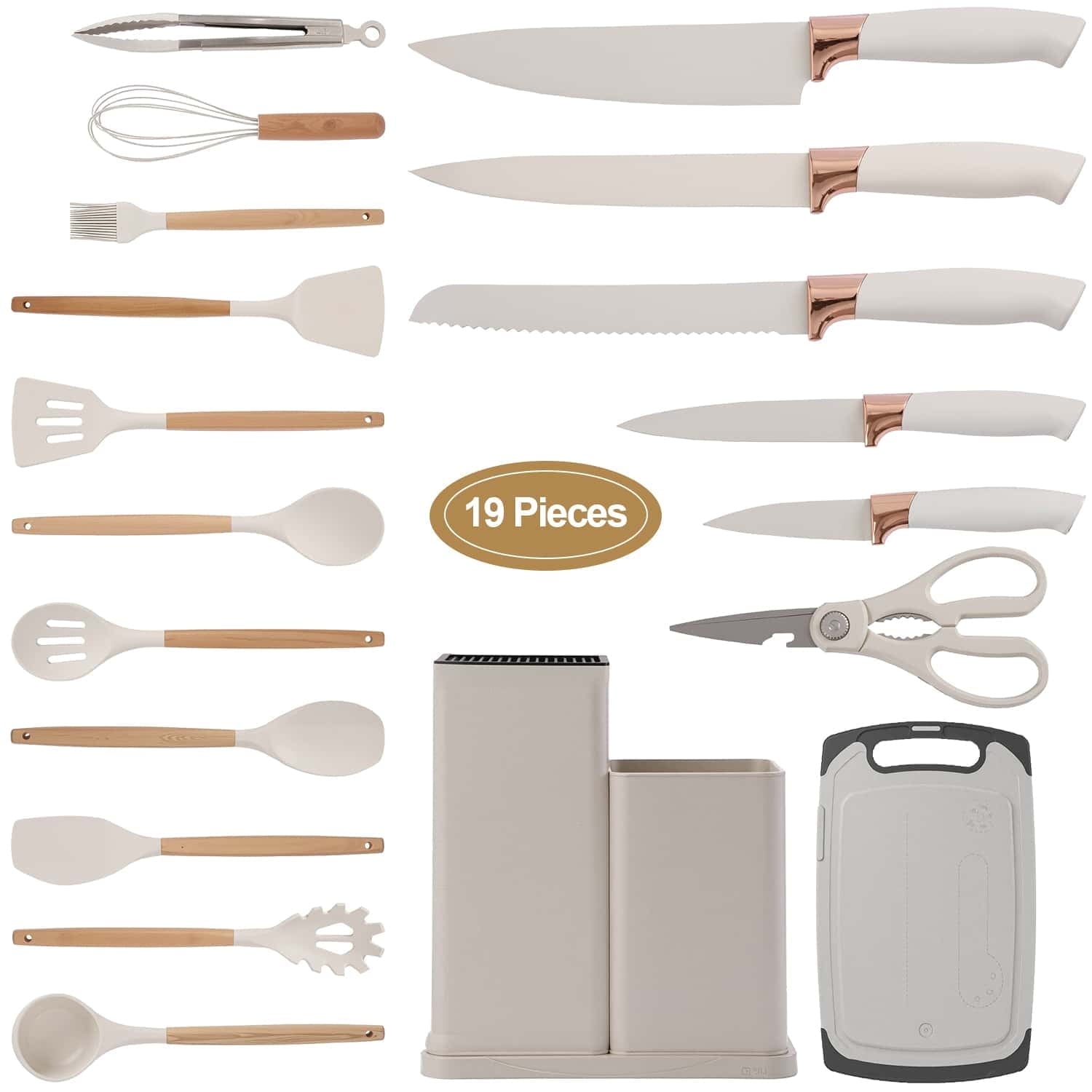 Kitchen Utensils Set for Cooking, 11 Cooking Utensils, 6 Knife set Beige,3 Utensil Sets,utensilios de cocina