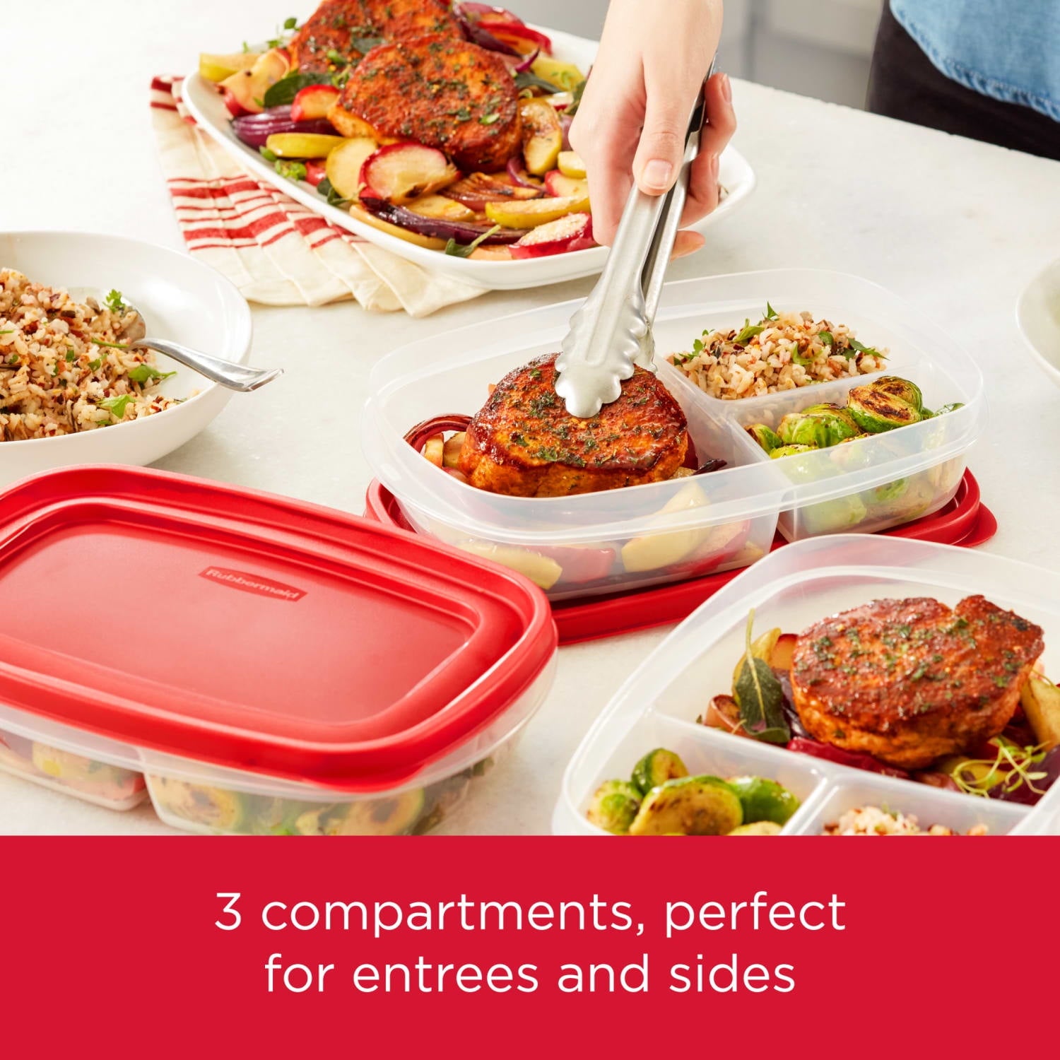 Lids 5 Pack Meal Prep Containers with 3 Compartments, Red, 5.1 Cups - Image 3