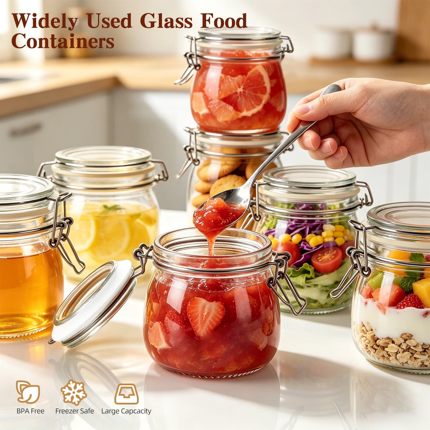 9 Pcs Airtight Glass Jars Set Includes 3 Accessories, 17oz Food Storage Jar with Airtight Clamp Lids, Small Clear Mas... - Image 4