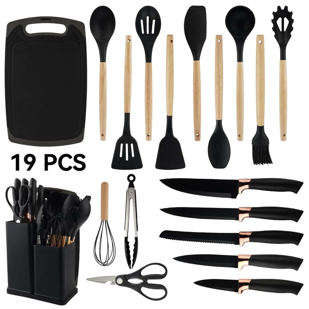 19pcs Set, Kitchen Set Set with 11 Pieces Spatula ,Heat Resistant Silicone 5 Piece Sharp Knife Set 1 Scissors and 1 U...