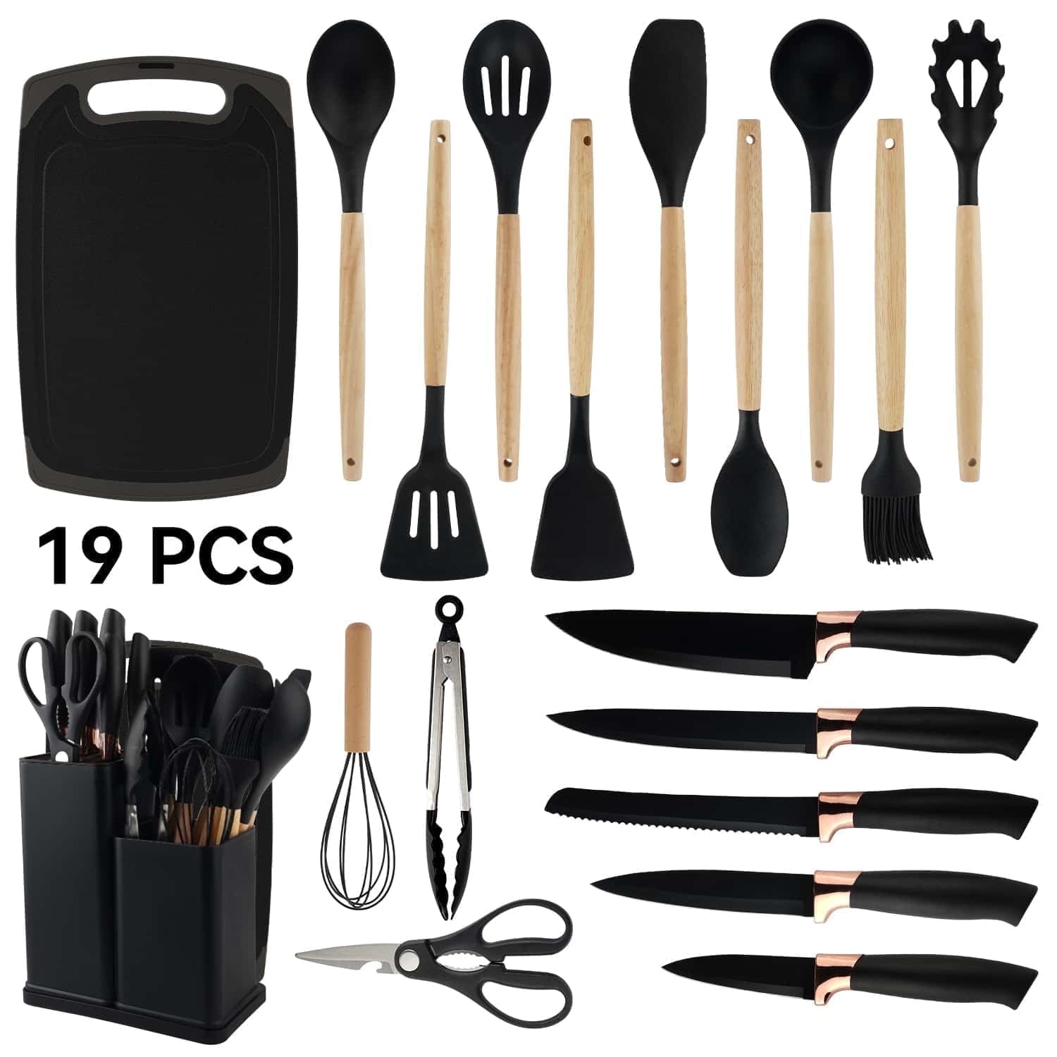 19pcs Set, Kitchen Set Set with 11 Pieces Spatula ,Heat Resistant Silicone 5 Piece Sharp Knife Set 1 Scissors and 1 U...