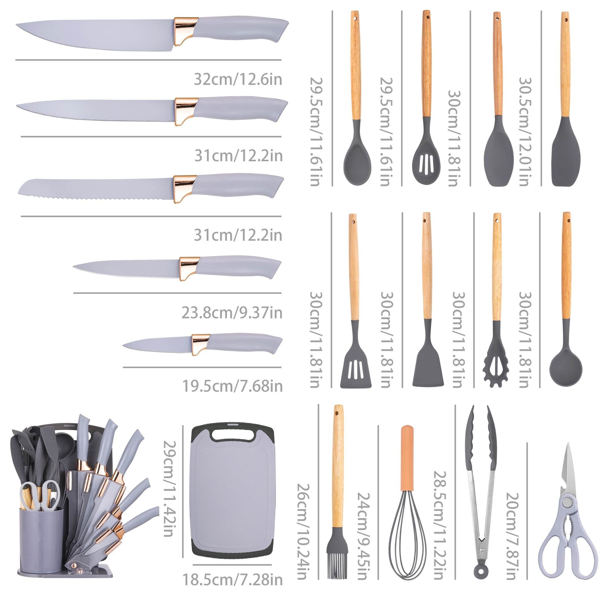 19-Piece Silicone Kitchen Utensil & Knife Set - Heat-Resistant Cooking Tools Non-Stick Safe Gift for Mom or Women Gray - Image 4