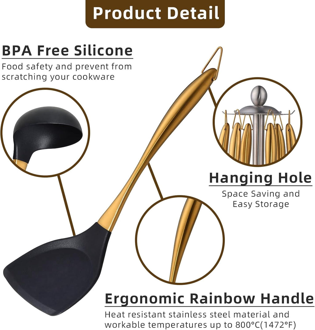 Silicone Cooking Utensils Set, 6-Piece Non-Stick Kitchen Utensil Set with Titanium Stainless Steel Handles & Holder, Spatula, Spoon, Tongs f - Image 4
