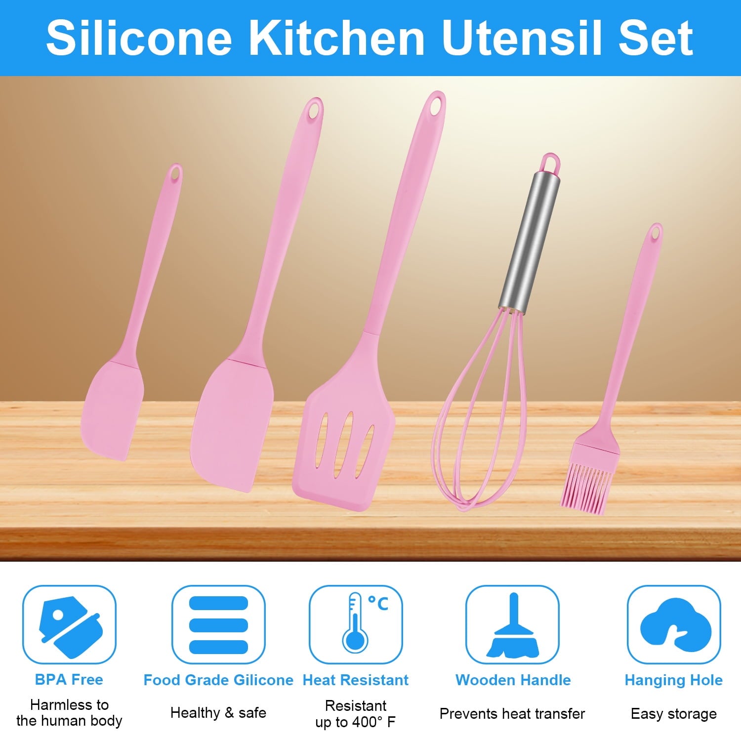 Silicone Cooking Utensils Sets, 5-Piece Kitchen Utensil Set Heat Resistant Non-stick Rubber Cookware Kitchen Silicone... - Image 2