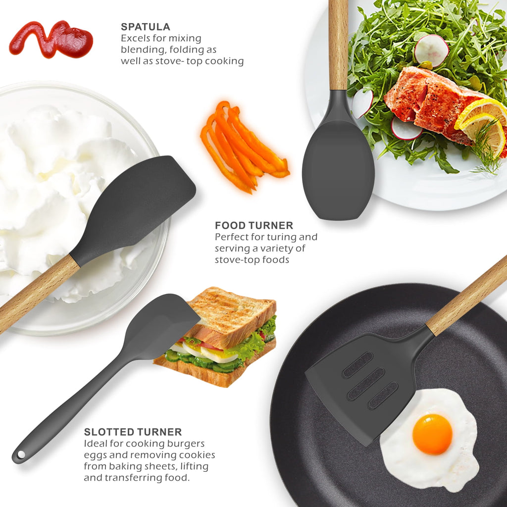 oannao Silicone Cooking Utensils Set - 446°F Heat Resistant Silicone Kitchen Utensils for Cooking,Kitchen Utensil Spatula Set w Wooden Handl - Image 4