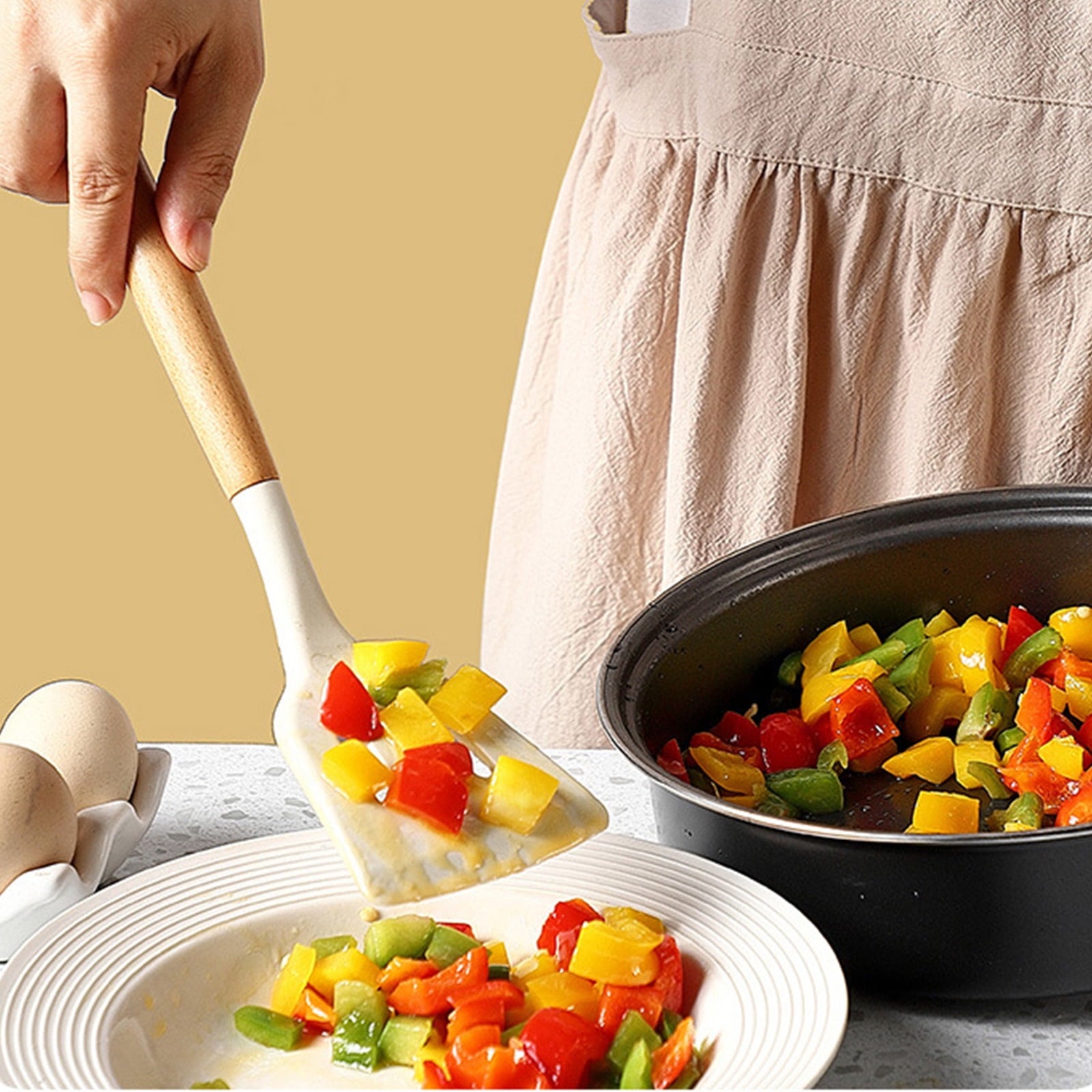 Silicone Kitchen Utensils Set of 3 | Non-Stick Cooking Tools with Wooden Handles | Heat Resistant Spatula & Ladle for Frying and Baking - Image 6