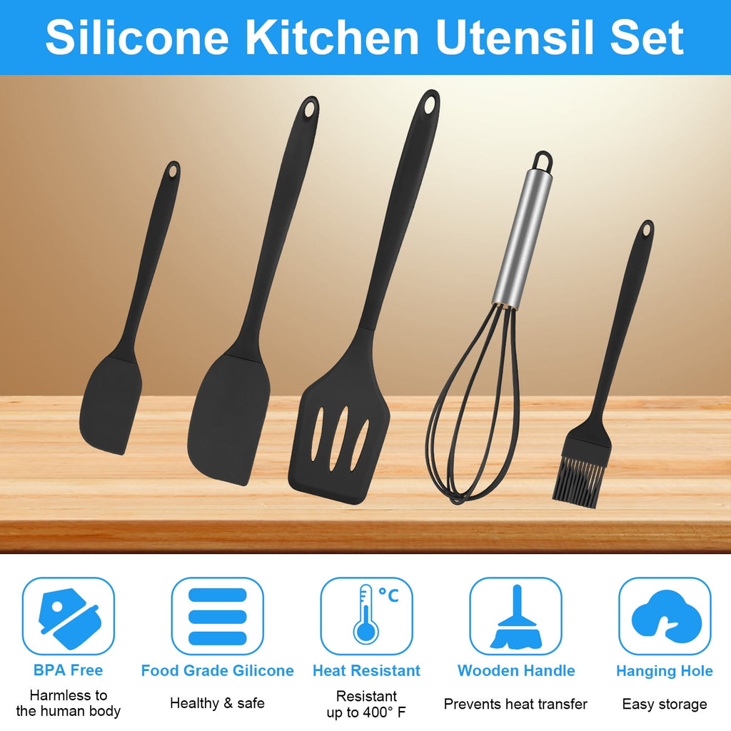 Silicone Cooking Utensils Sets,AILKIN 5-Piece Kitchen Utensil Set 600F Heat Resistant Non-stick Rubber Cookware Kitchen Silicone Cooking Ute - Image 2