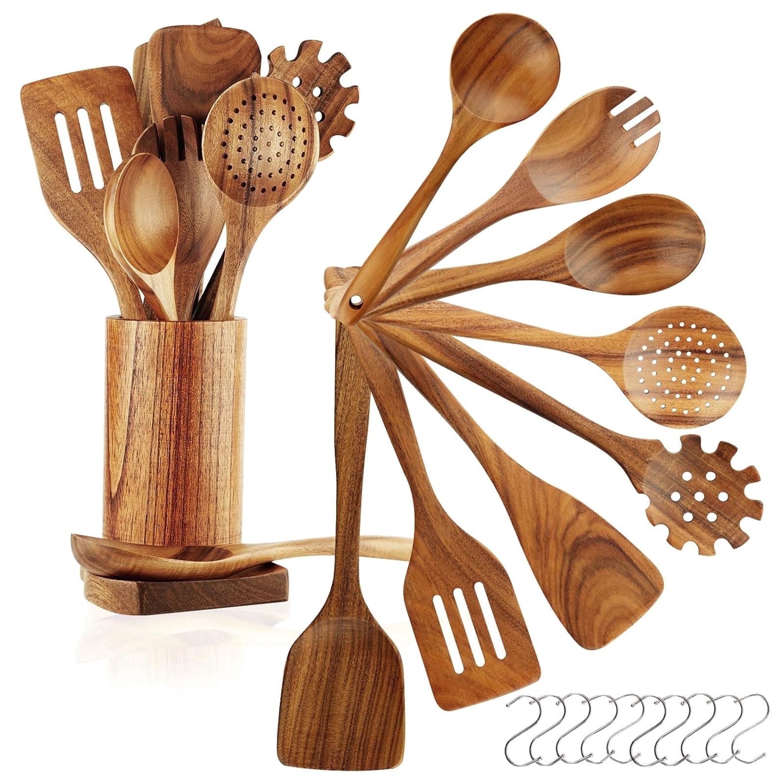 10Pcs Wooden Spoons for Cooking, Smooth Finish Teak Wooden Utensils for Cooking, Soft Comfort-Grip Wood Spoons for Co...