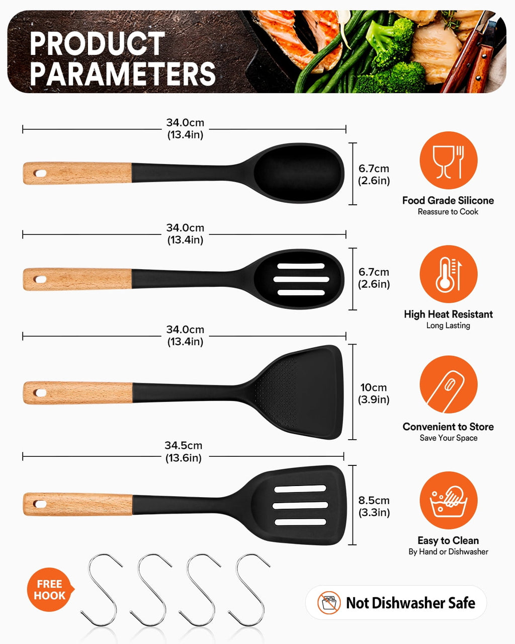 Badiano 4 Pack Wood Handle Silicone Kitchen Cooking Utensils Set for Nonstick Cookware Surface,Black - Image 2