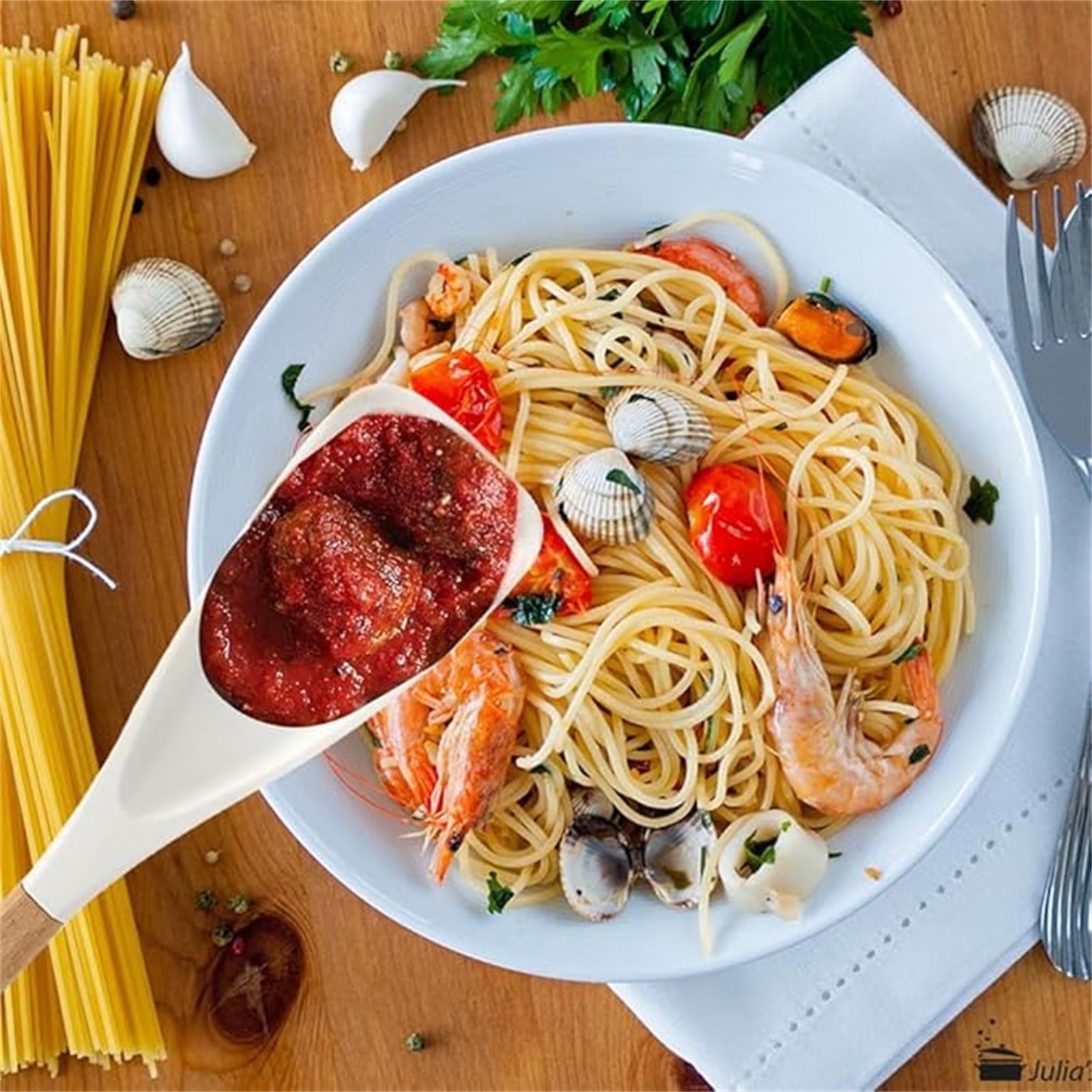 2pc Silicone Cooking Spoon, Wooden Handle BPA-Free Utensil, 11.4'' Nonstick Safe, Multifunctional for Mixing Stirring... - Image 2
